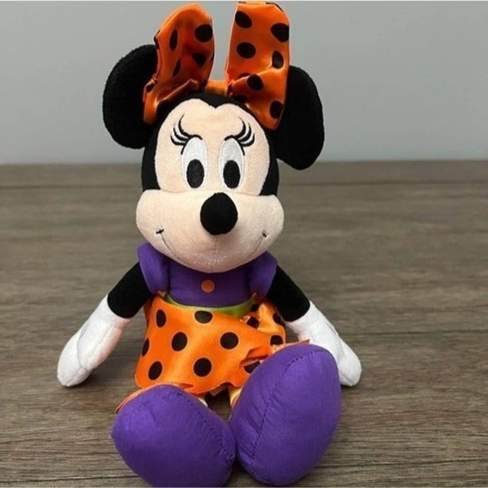 Disney Minnie Mouse Halloween Plush with Orange Purple Black Polka Dots 10"